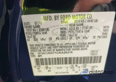 2012 Ford Escape Xlt z USA, uszkodzony, nr VIN 1FMCU0D71CKA26216